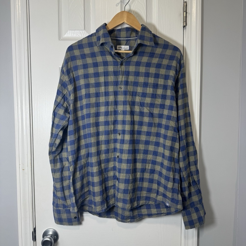 Peter Millar Mountainside Plaid Blue & Gray Cotton Sports Shirt L Large